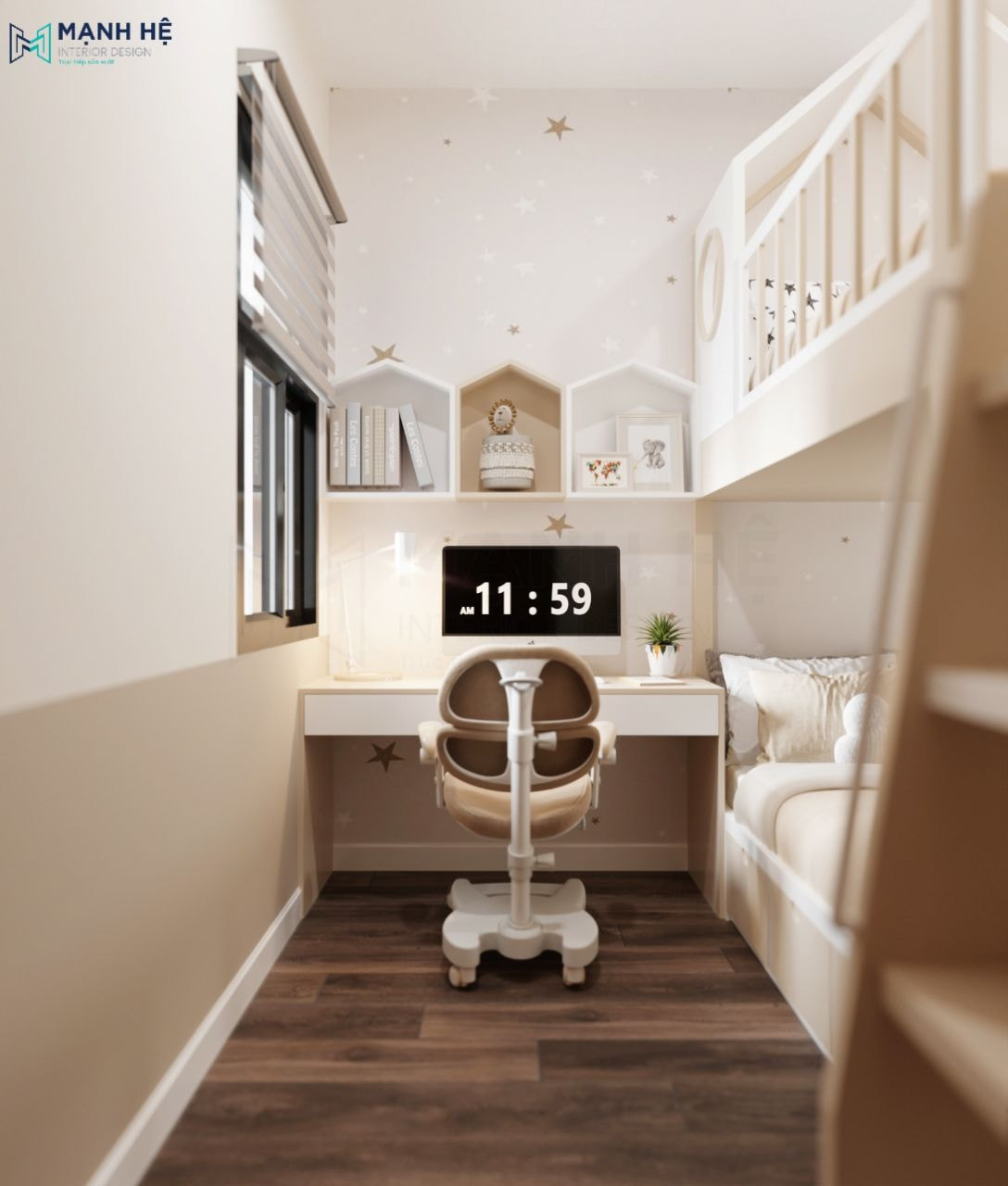 Bàn học đặt sát tường với kệ sách treo tường xinh xắn