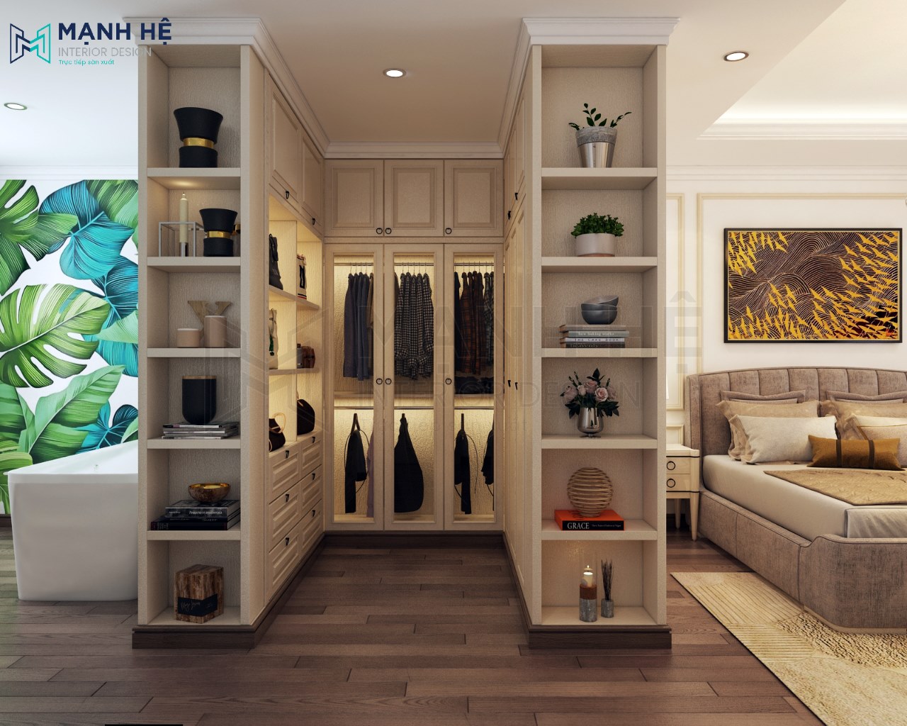 tủ quần áo kết hợp kệ trưng bày phòng ngủ đẹp