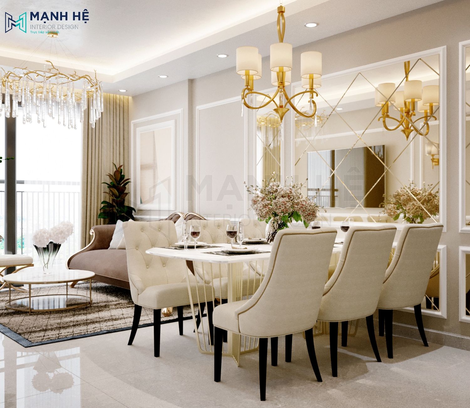 Mẫu 3: Bộ bàn ăn 6 ghế phong cách tân cổ điển sang trọng màu trắng nhẹ nhàng, ấn tượng