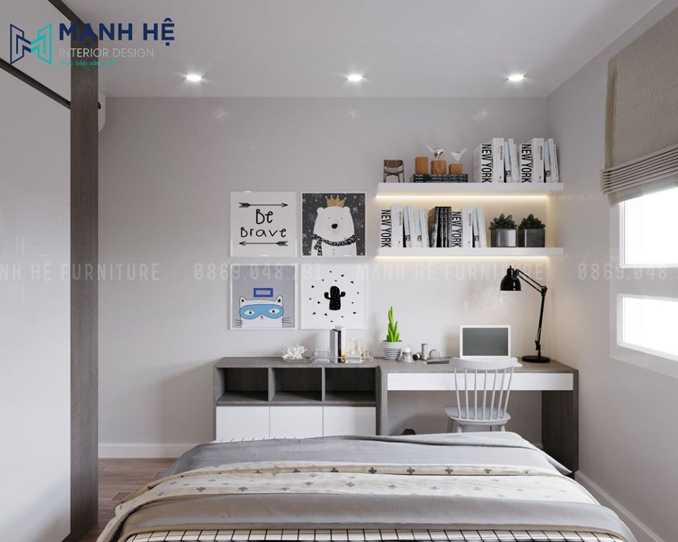 Bàn học nối liền kệ trang trí phòng bé