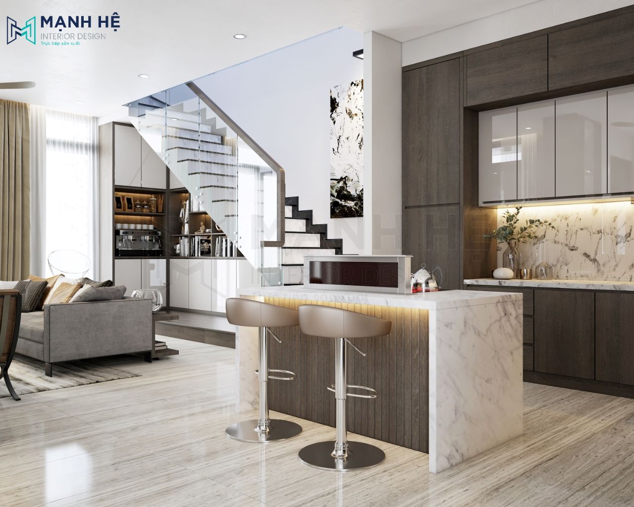 Đảo bếp ốp vân đá tự nhiên