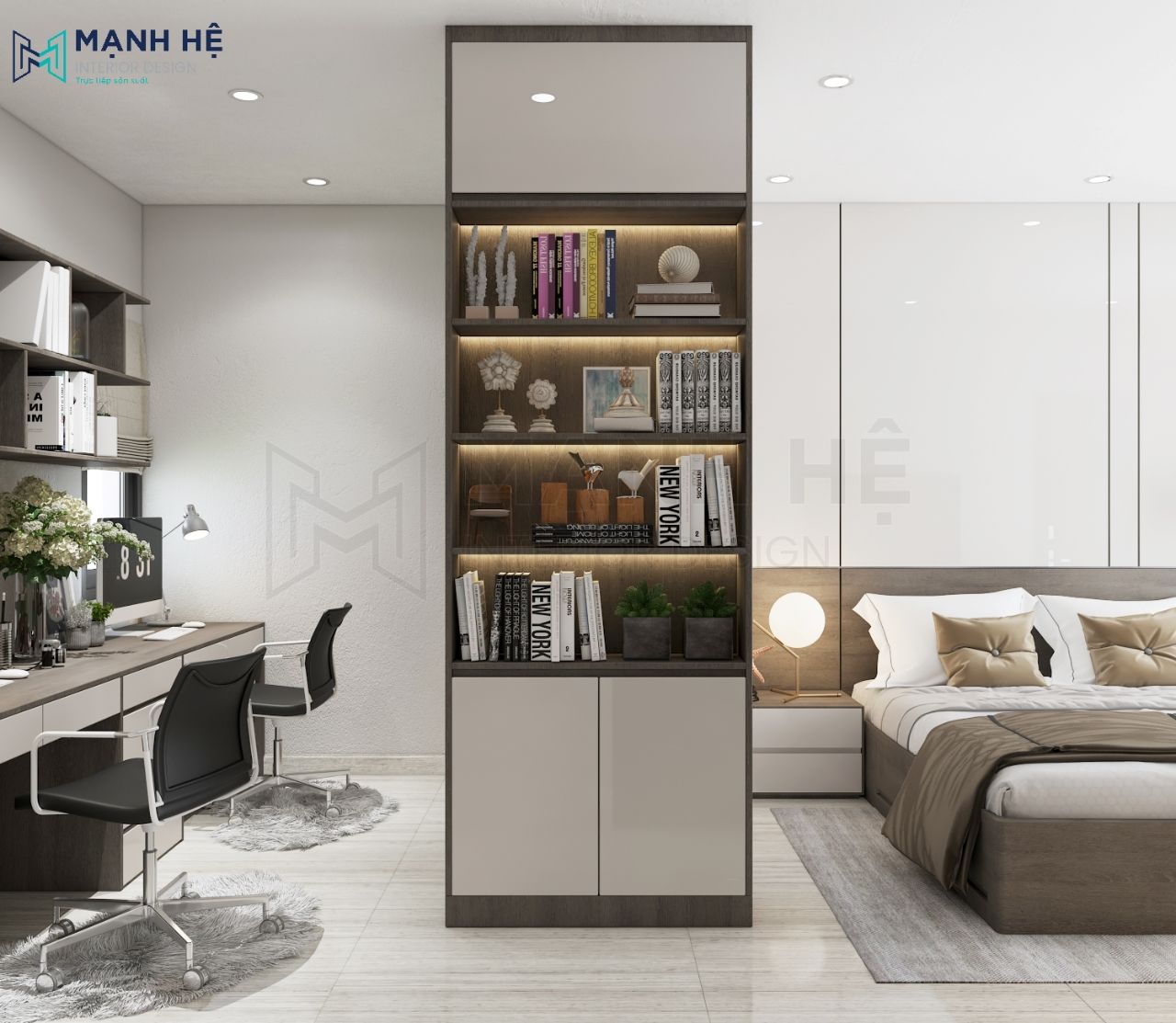 Kệ trang trí phòng ngủ tích hợp chung tủ quần áo