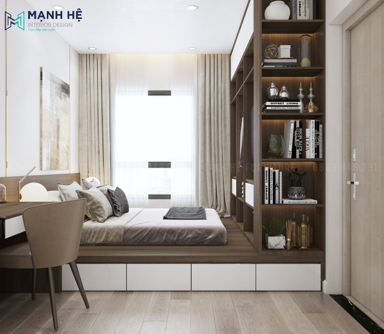 Sử dụng giường ngủ dạng bục có hộc kéo giúp tối ưu không gian phòng ngủ nhỏ