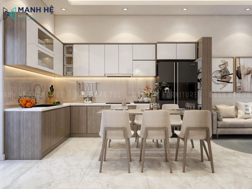 Tủ bếp Melamine chữ L thông minh