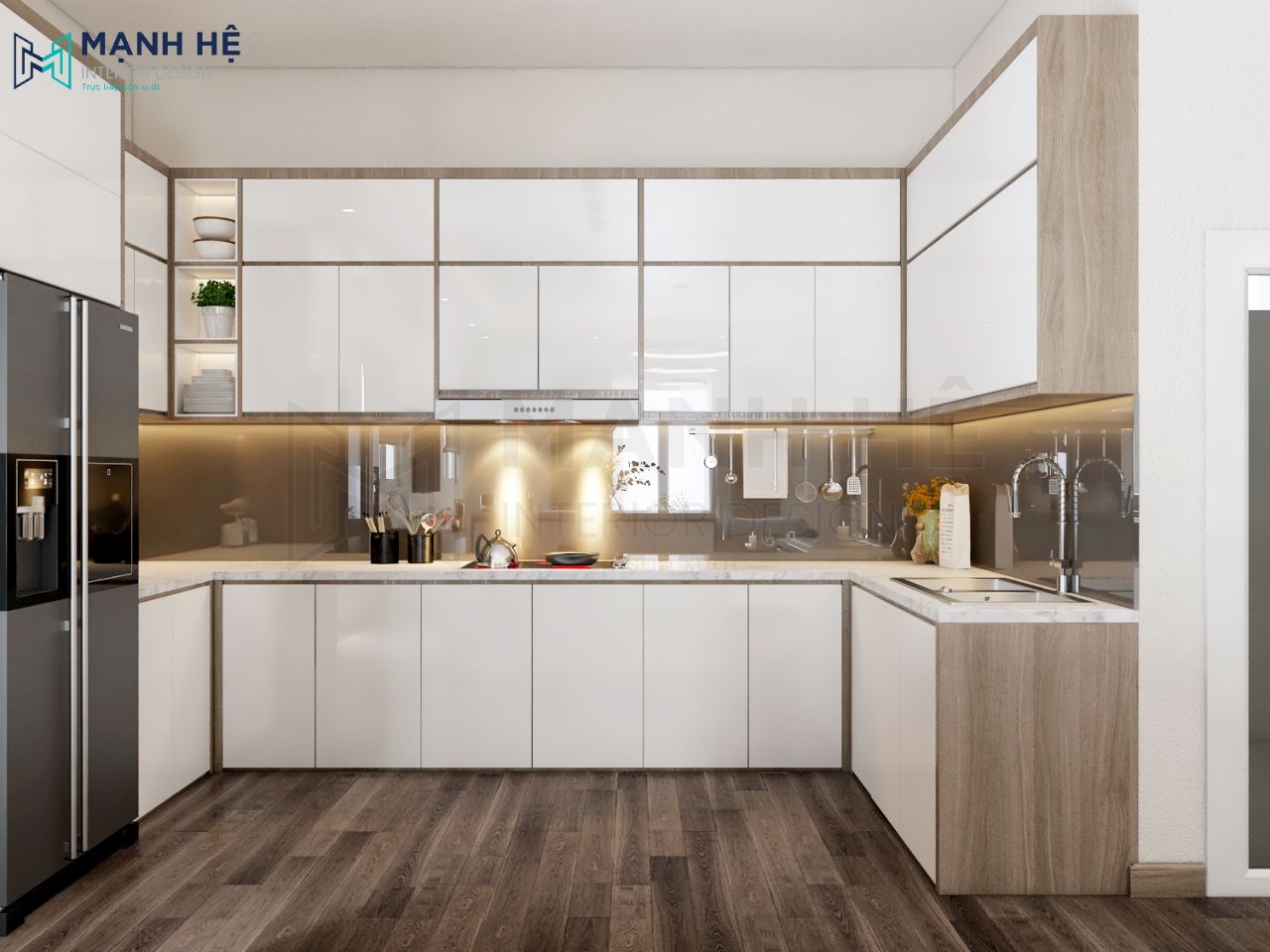 Mẫu tủ bếp đẹp gỗ công nghiệp hình chữ U hiện đại bằng gỗ công nghiệp