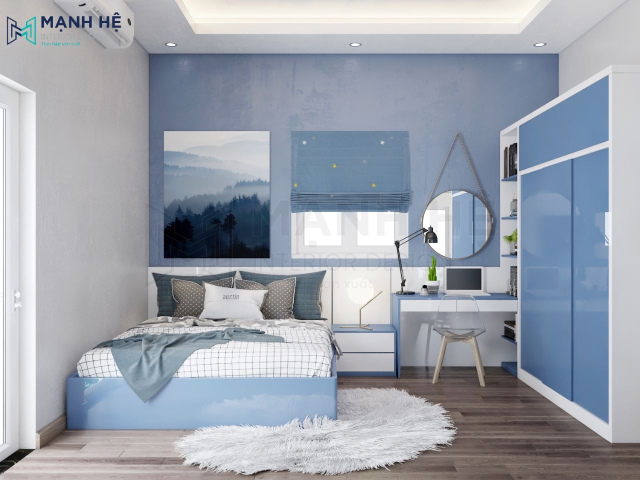 Mẫu 15: Điểm nhấn nổi bật của mẫu giường gỗ đến từ các món nội thất và phụ kiện trang trí màu xanh dương đem lại sự mát mẻ cho cả căn phòng