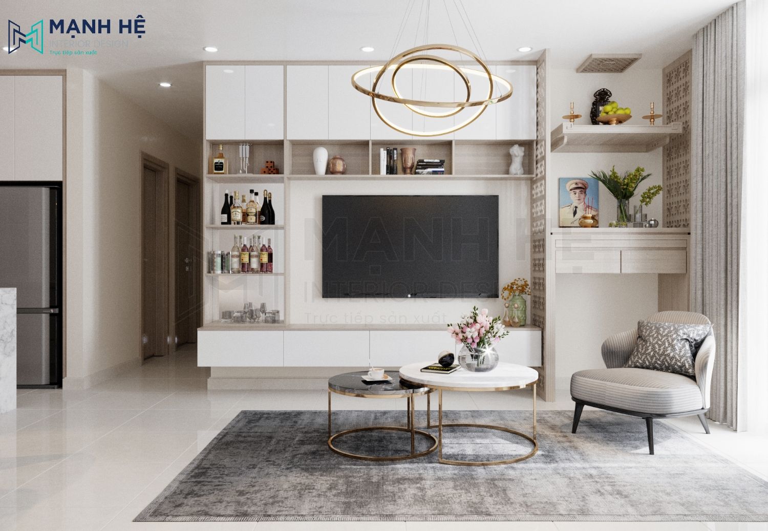 Kệ tivi kết hợp kệ rượu đẳng cấp để gia chủ thể hiện sở thích của mình