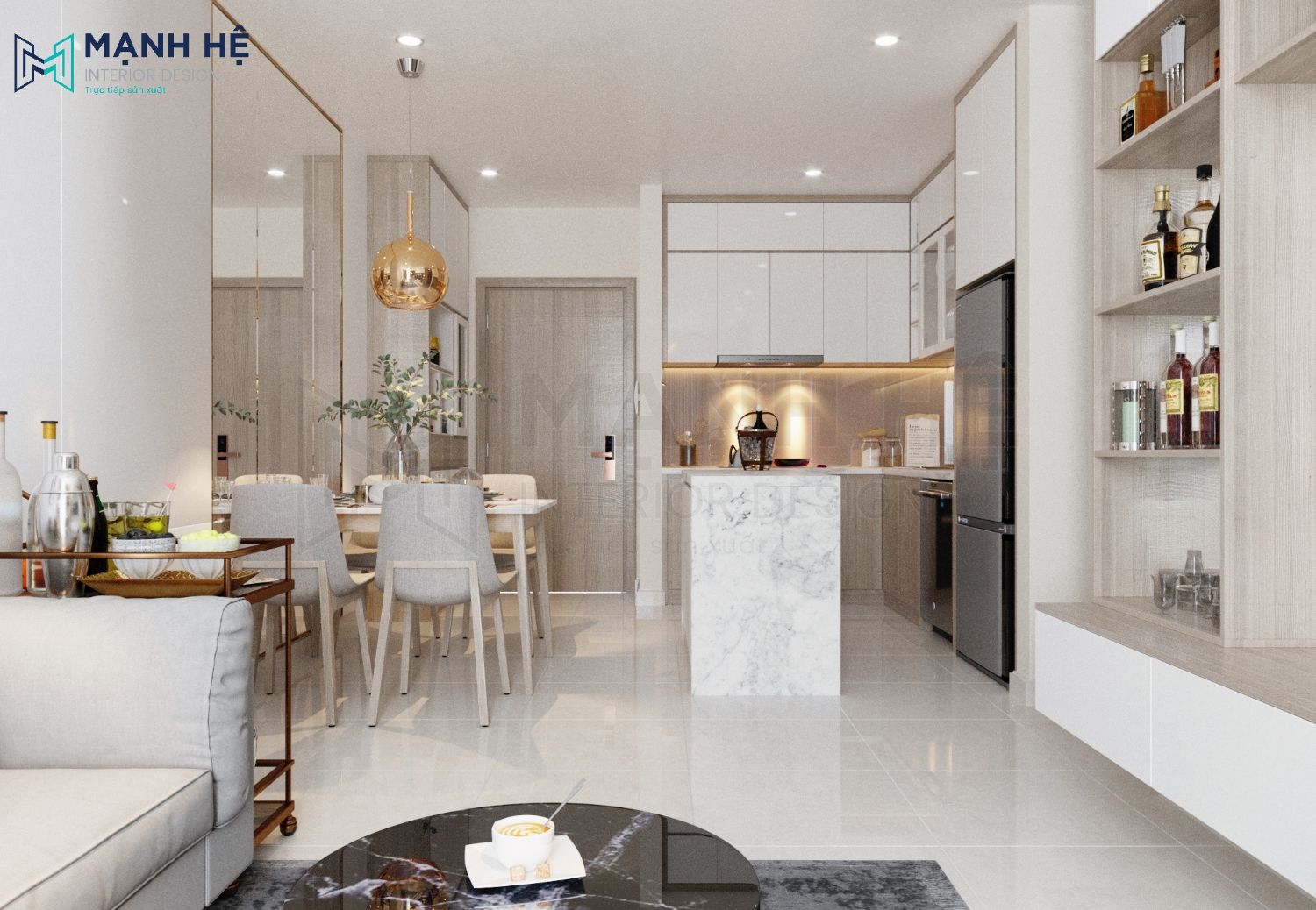 Thiết kế nội thất phòng khách liền bếp