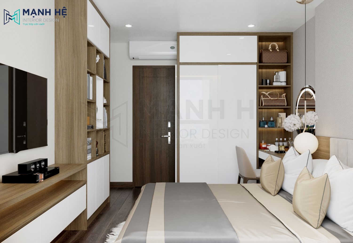 Diện tích phòng ngủ nhỏ nhưng được bố trí nhiều kệ tủ để thêm không gian chứa đồ cho gia chủ