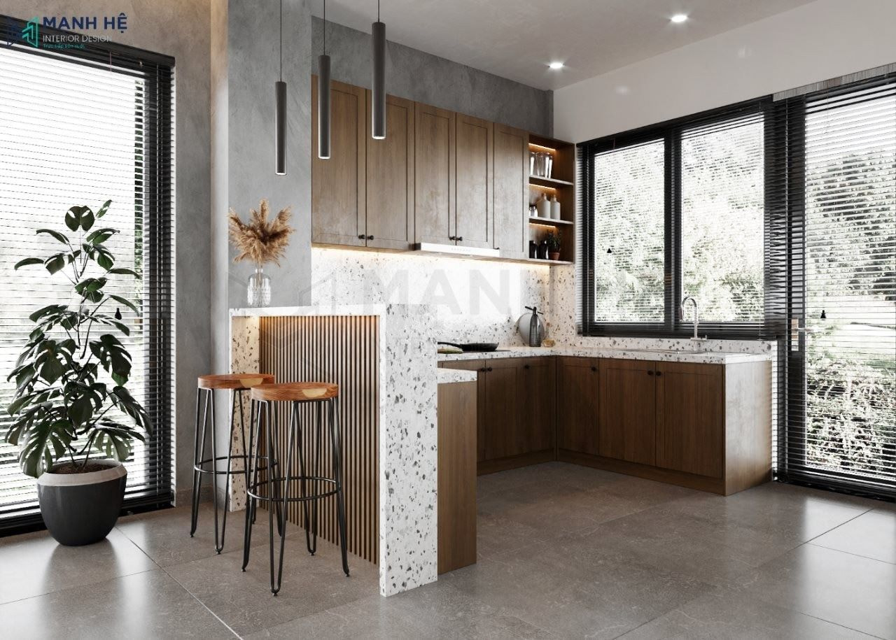 Hệ tủ bếp chữ L nhỏ gọn phù hợp với không gian hạn chế