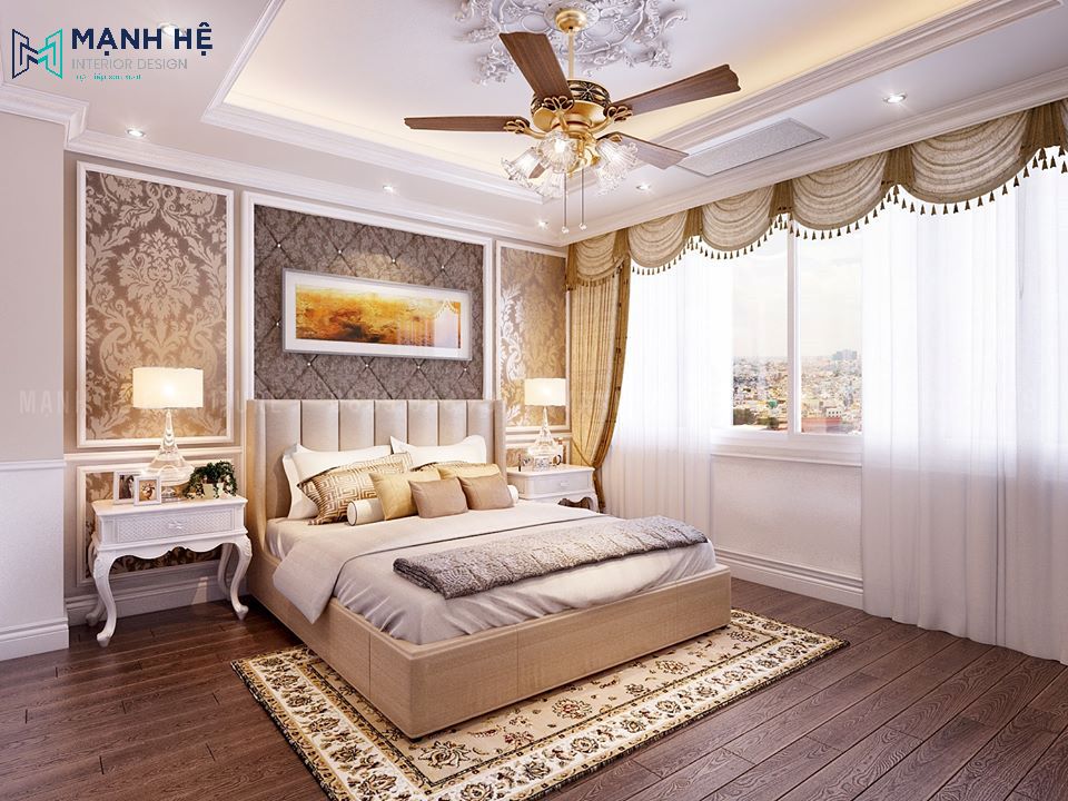 Phòng ngủ tân cổ điển màu nâu vàng cánh gián