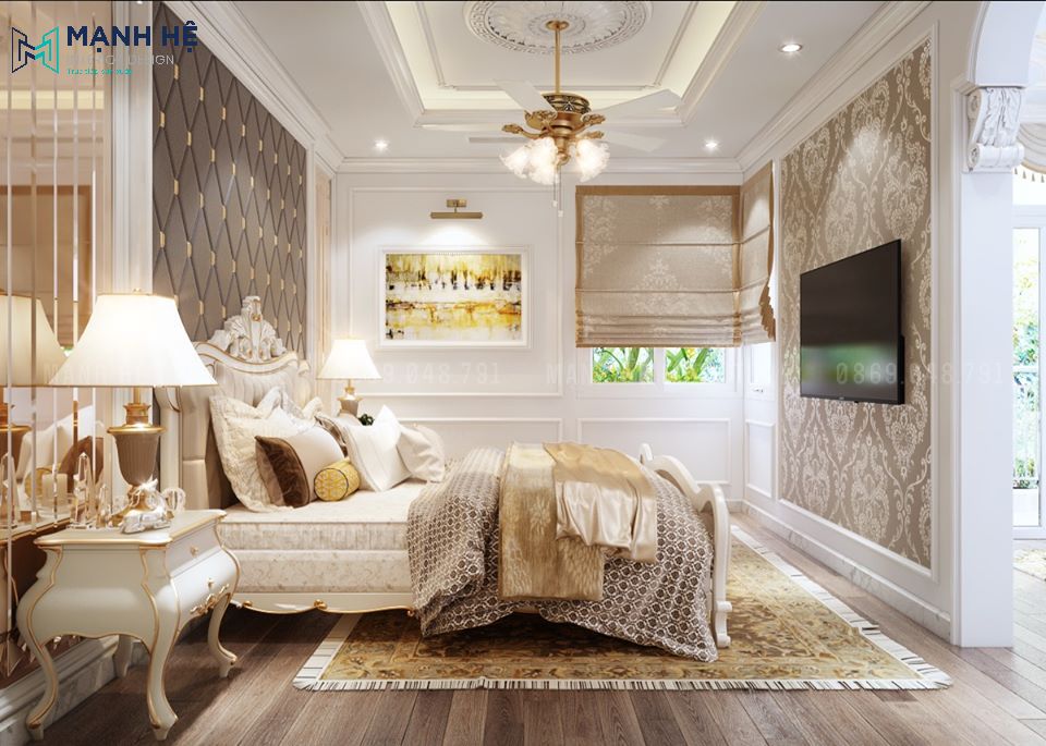 Chạy phào chỉ PU trên tường phòng ngủ tân cổ điển
