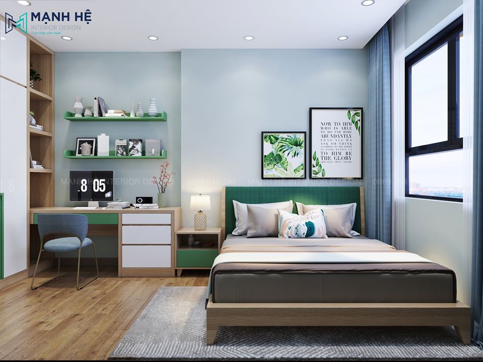 phòng ngủ màu xanh đẹp và hiện đại