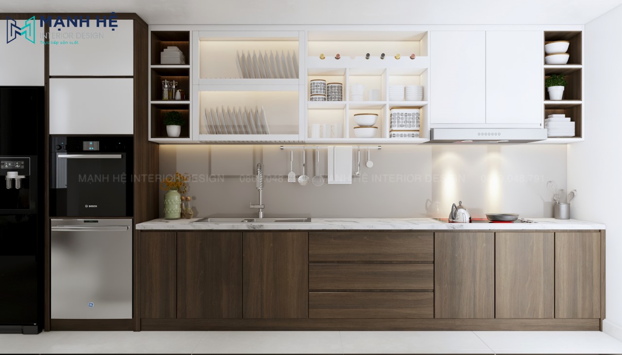 Tủ bếp gỗ chữ I đơn giản gỗ công nghiệp