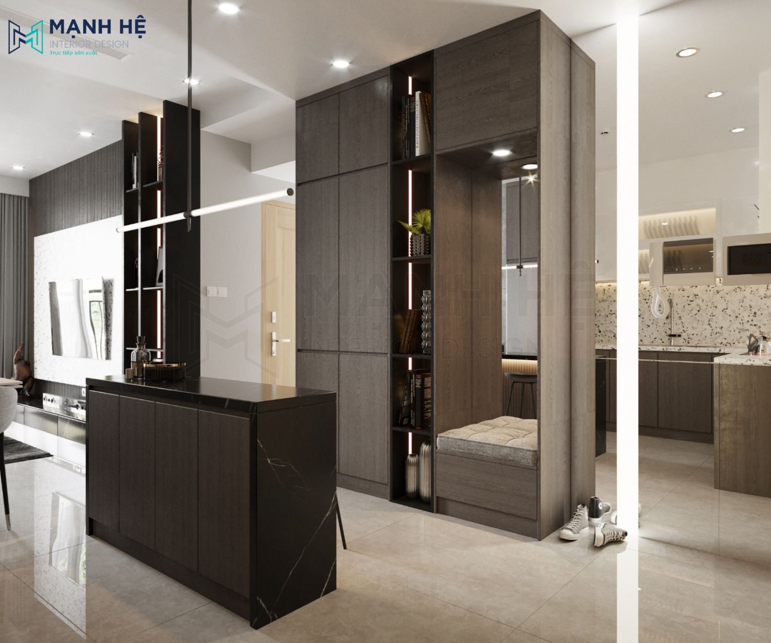 Mẫu 10: Tủ giày thông minh có kệ trang trí màu sắc trầm hài hòa với không gian nội thất
