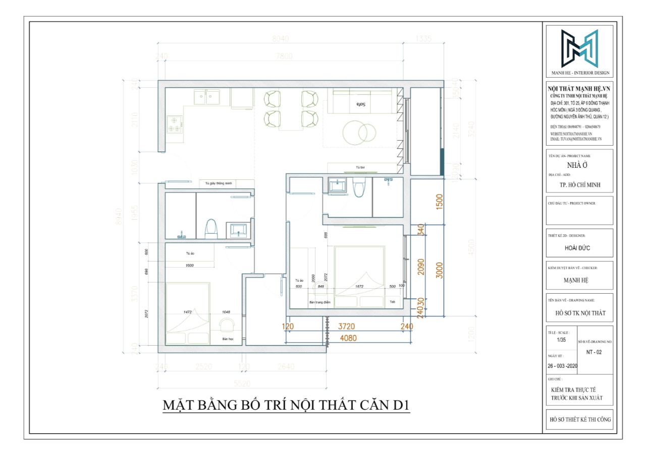 mặt bằng bố trí nội thất căn D1