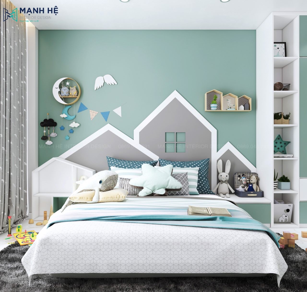 Phòng ngủ của bé với tone màu xanh đẹp mắt