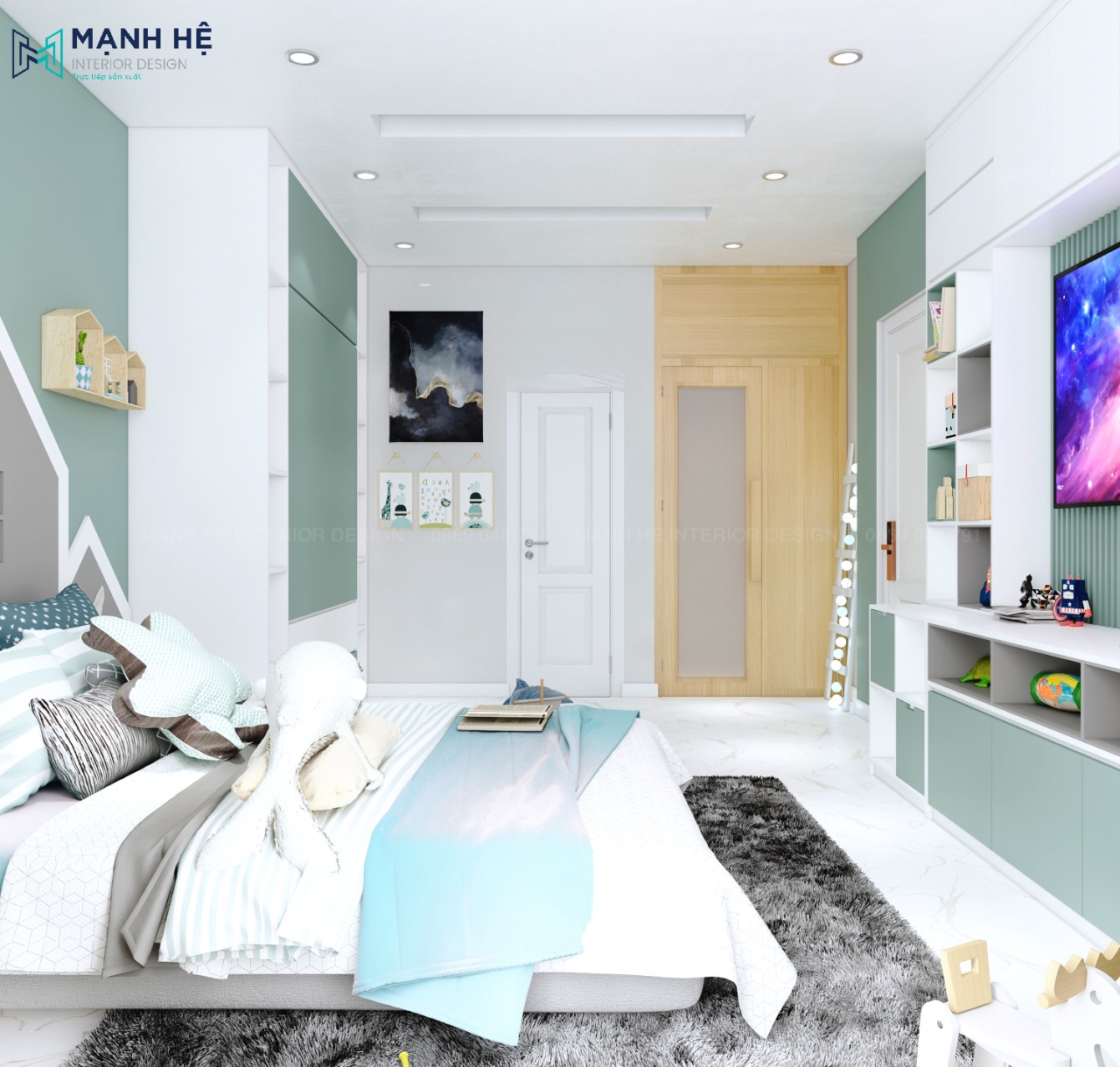 Căn phòng được thiết kế theo phong cách dễ thương cho bé thoải mái vui chơi