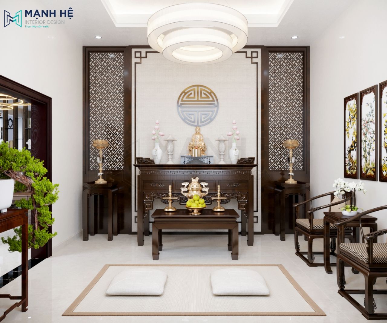 Kết hợp giấy dán tường đơn giản với hoa văn truyền thống càng tô điểm nên sự trang nghiêm cho căn phòng thờ