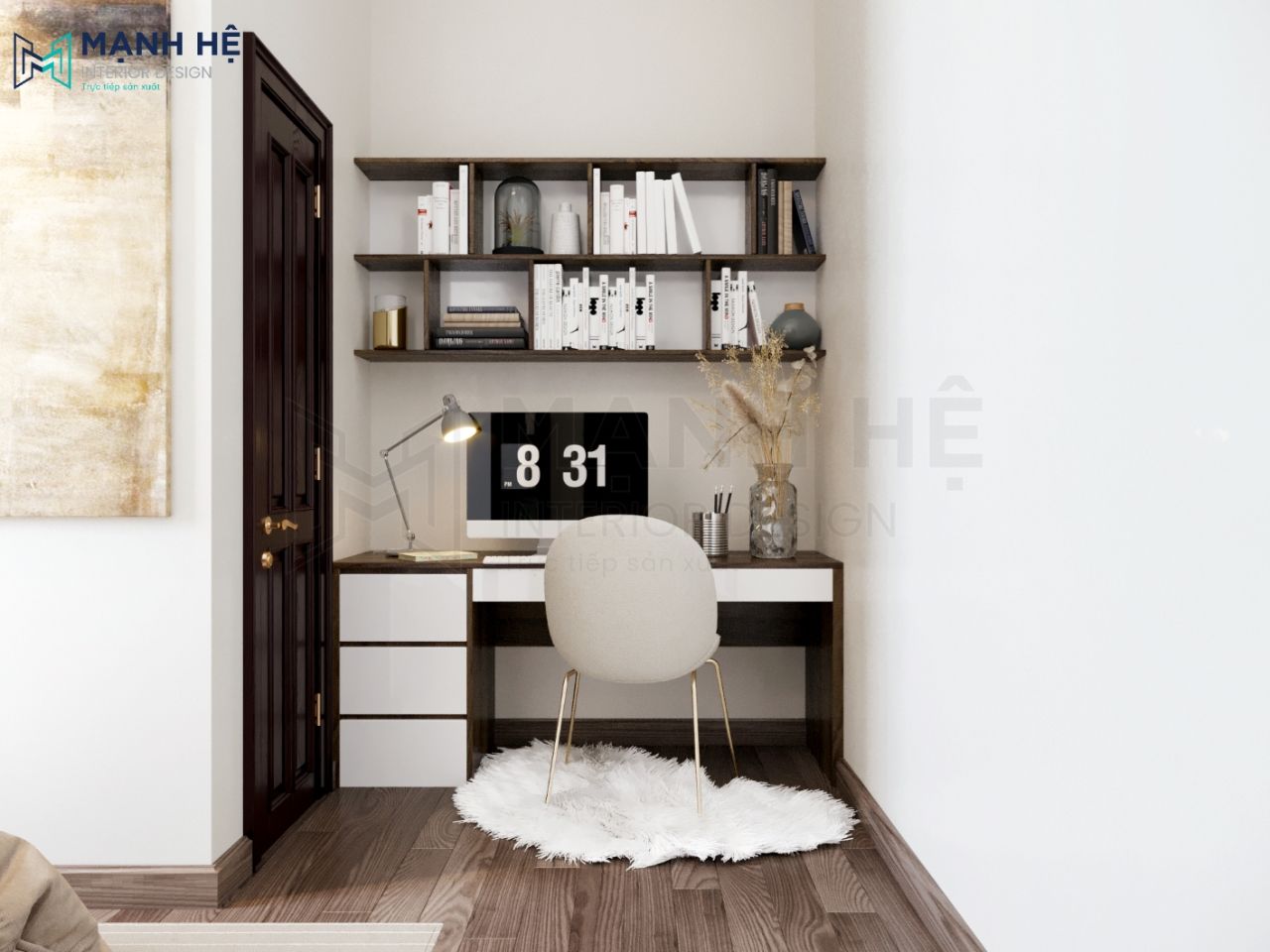 Bàn học bằng gỗ đồng bộ với kệ sách