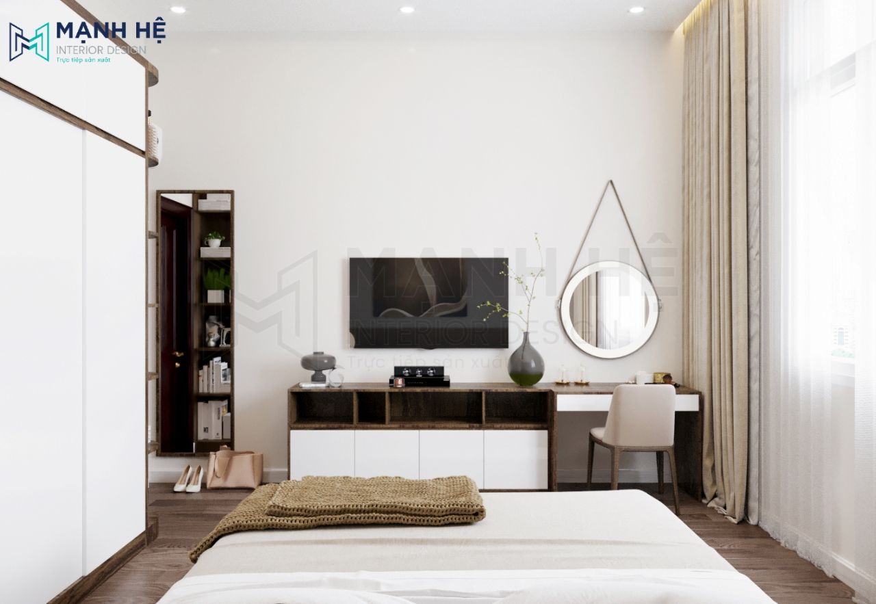 Thiết kế bàn trang điểm nhỏ nối liền kệ tivi