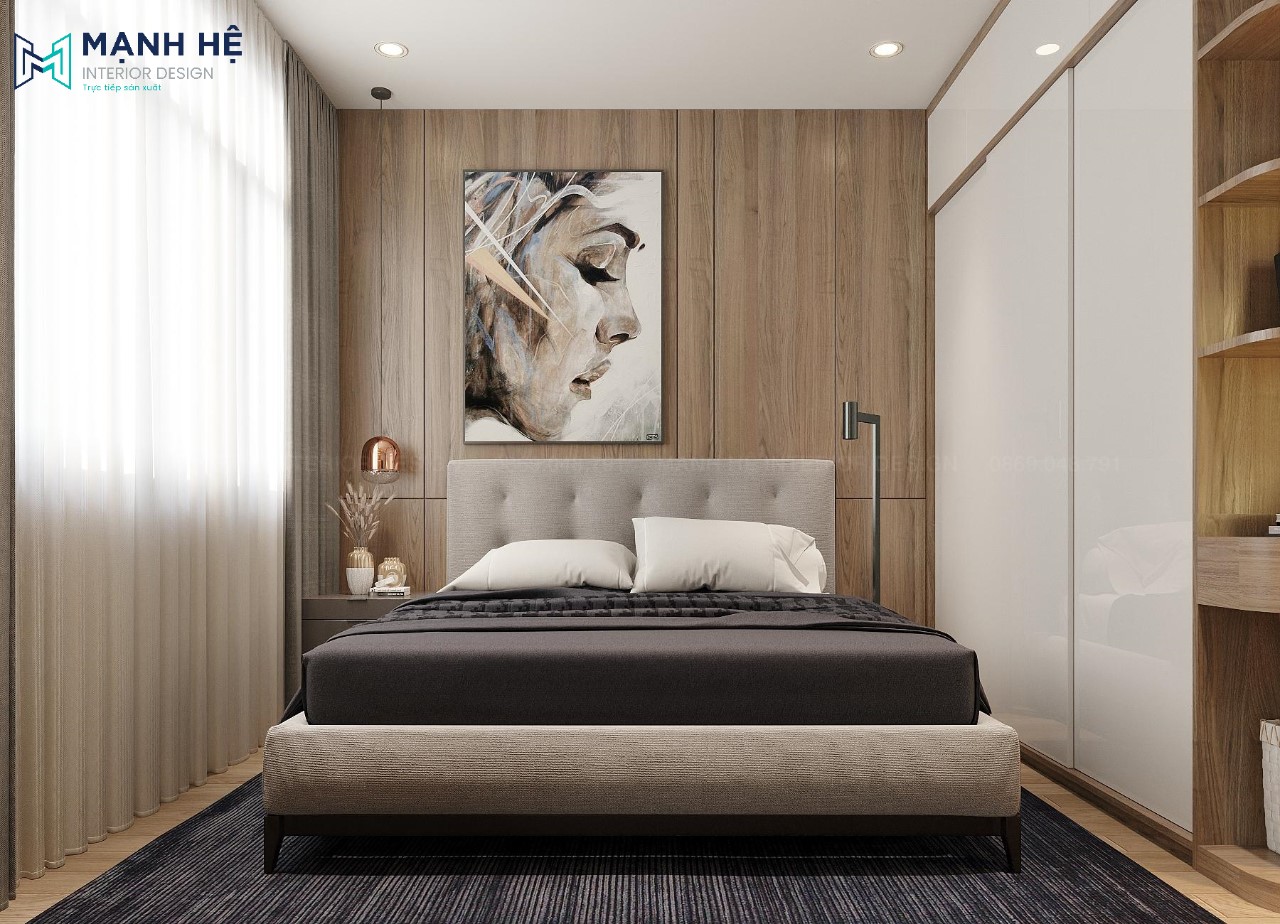 Vách ốp gỗ sang trọng đầu giường ngủ của 2 vợ chồng