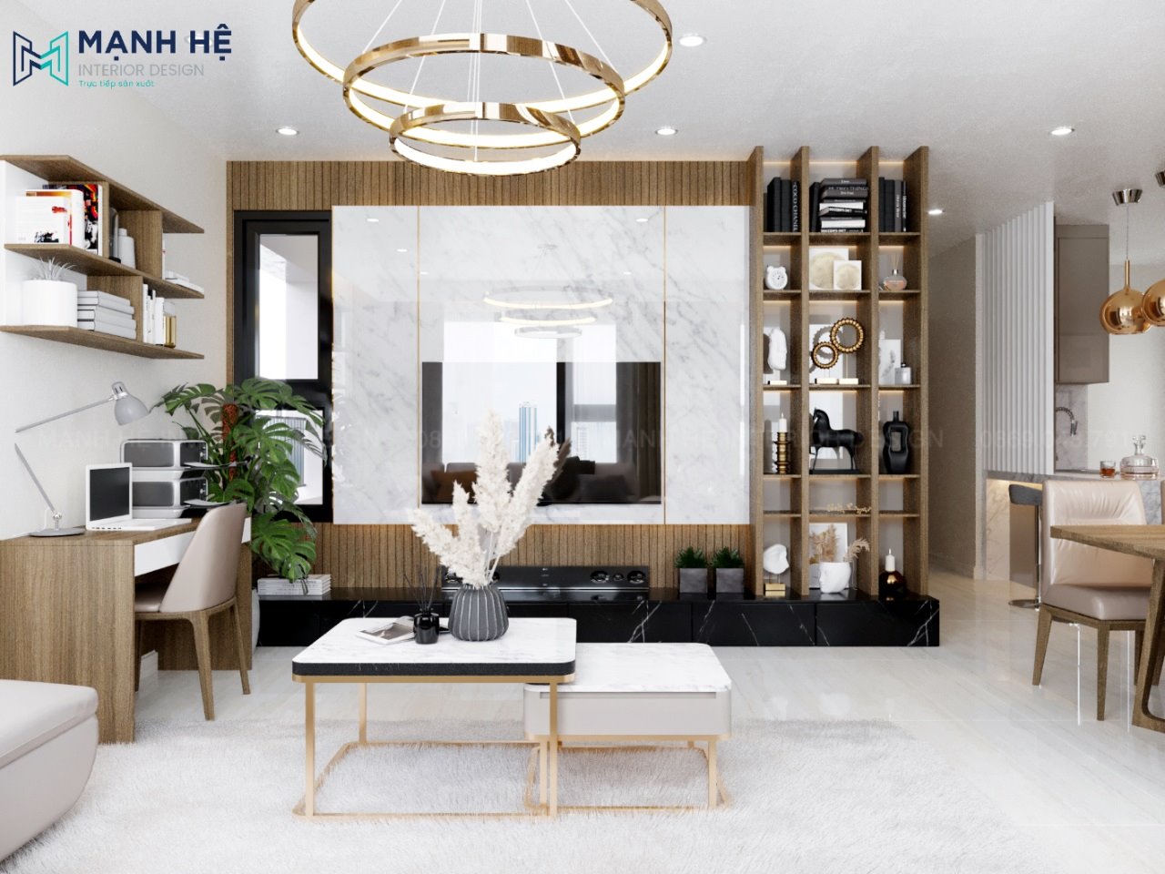 Vách ốp đá vân mây sau tủ tivi phòng khách nổi bật