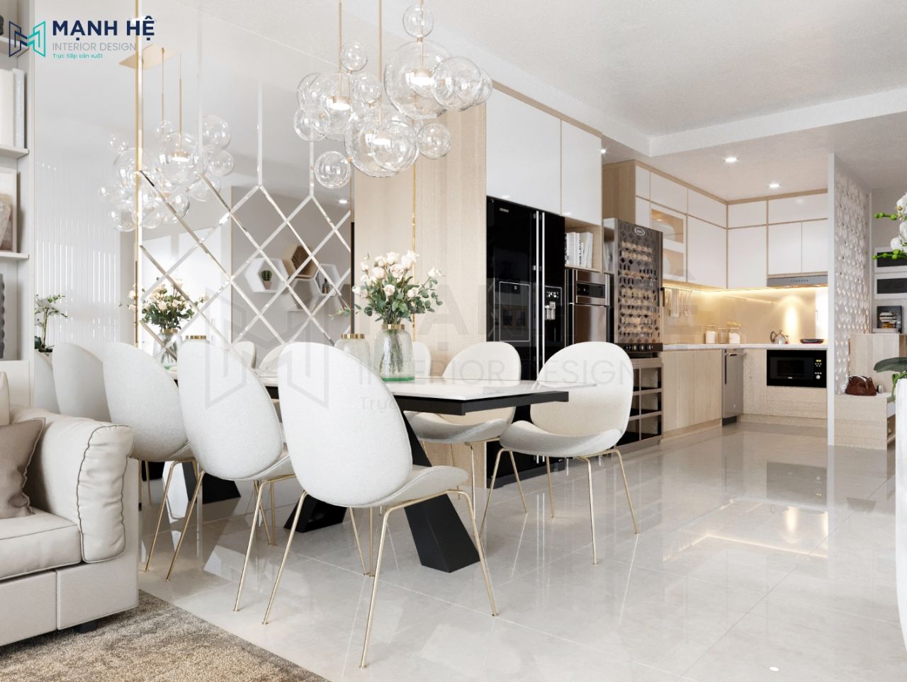 Bộ kính ốp tường lớn cạnh bàn ăn