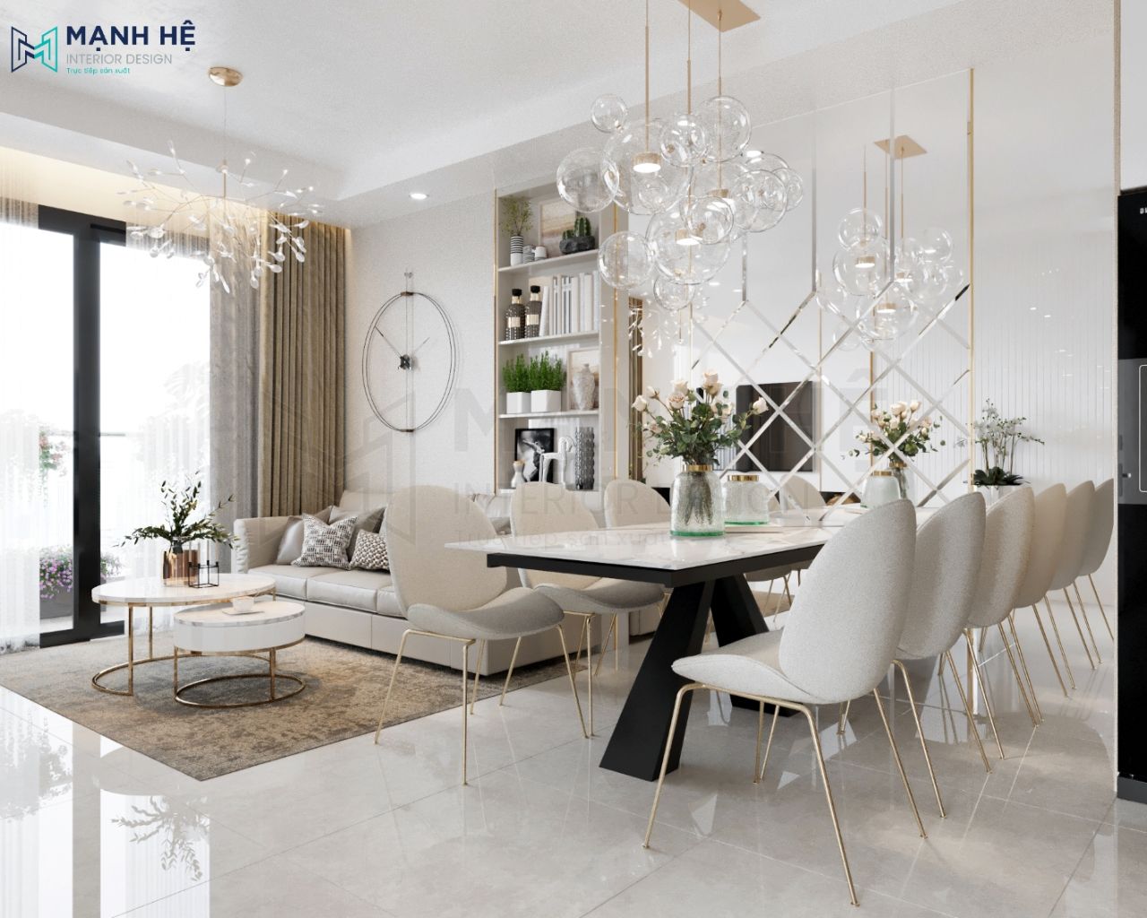Ốp gương lớn cạnh bàn ăn cho phòng khách liền bếp