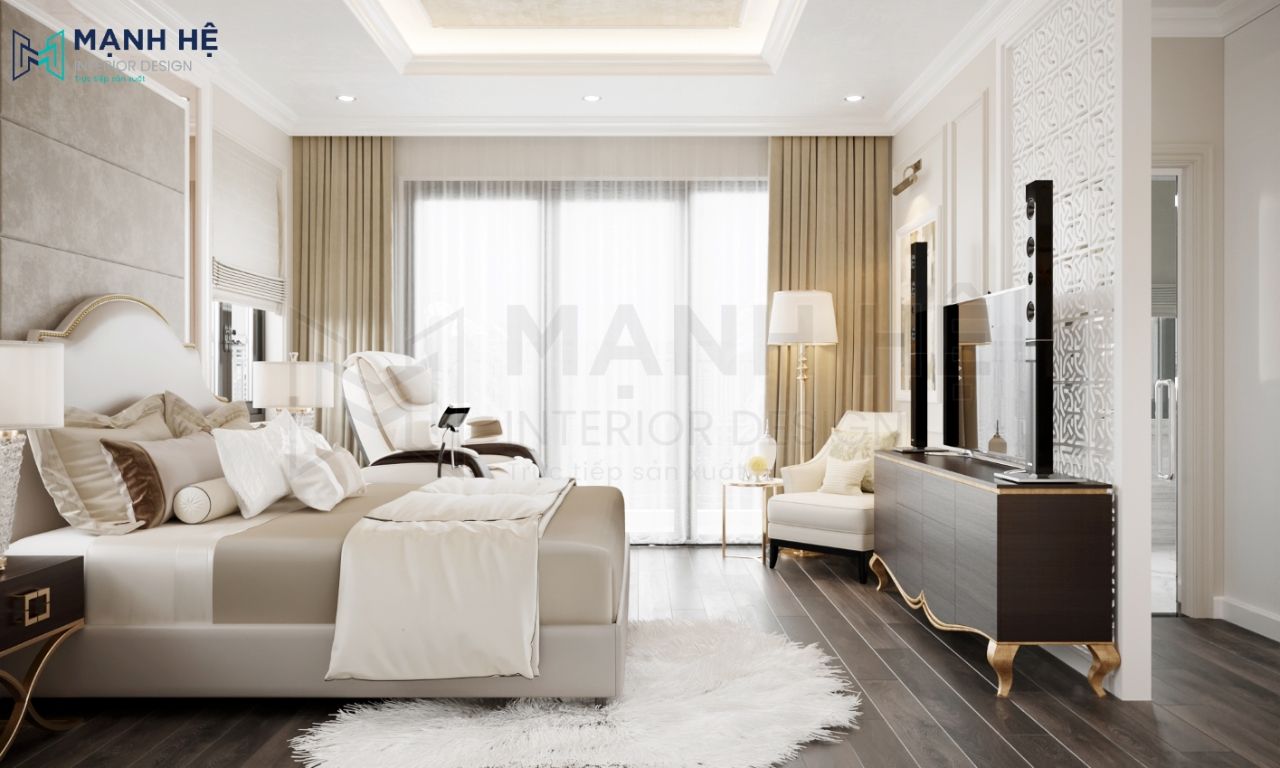 thiết phòng ngủ biệt thự màu kem tinh tế