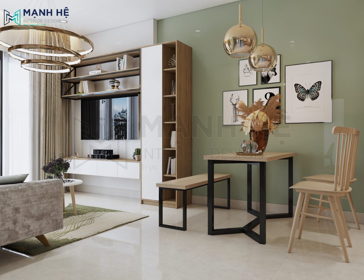 Bộ bàn ăn chân sắt gỗ đơn giản