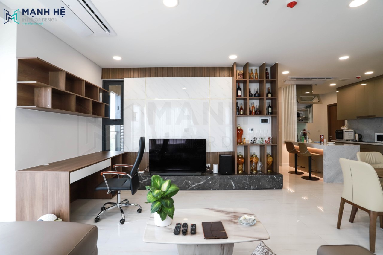 Thi công vách ốp PVC giả đá sau kệ tivi
