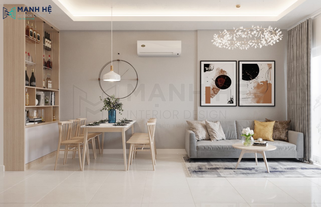 Thiết kế nội thất phòng khách màu xám nhã nhặn
