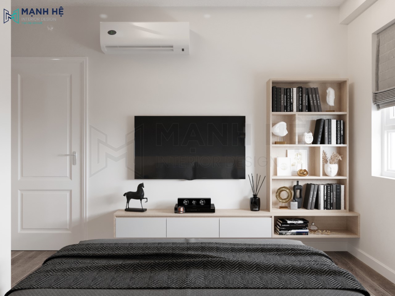 Kệ tivi treo tường nối liền kệ sách