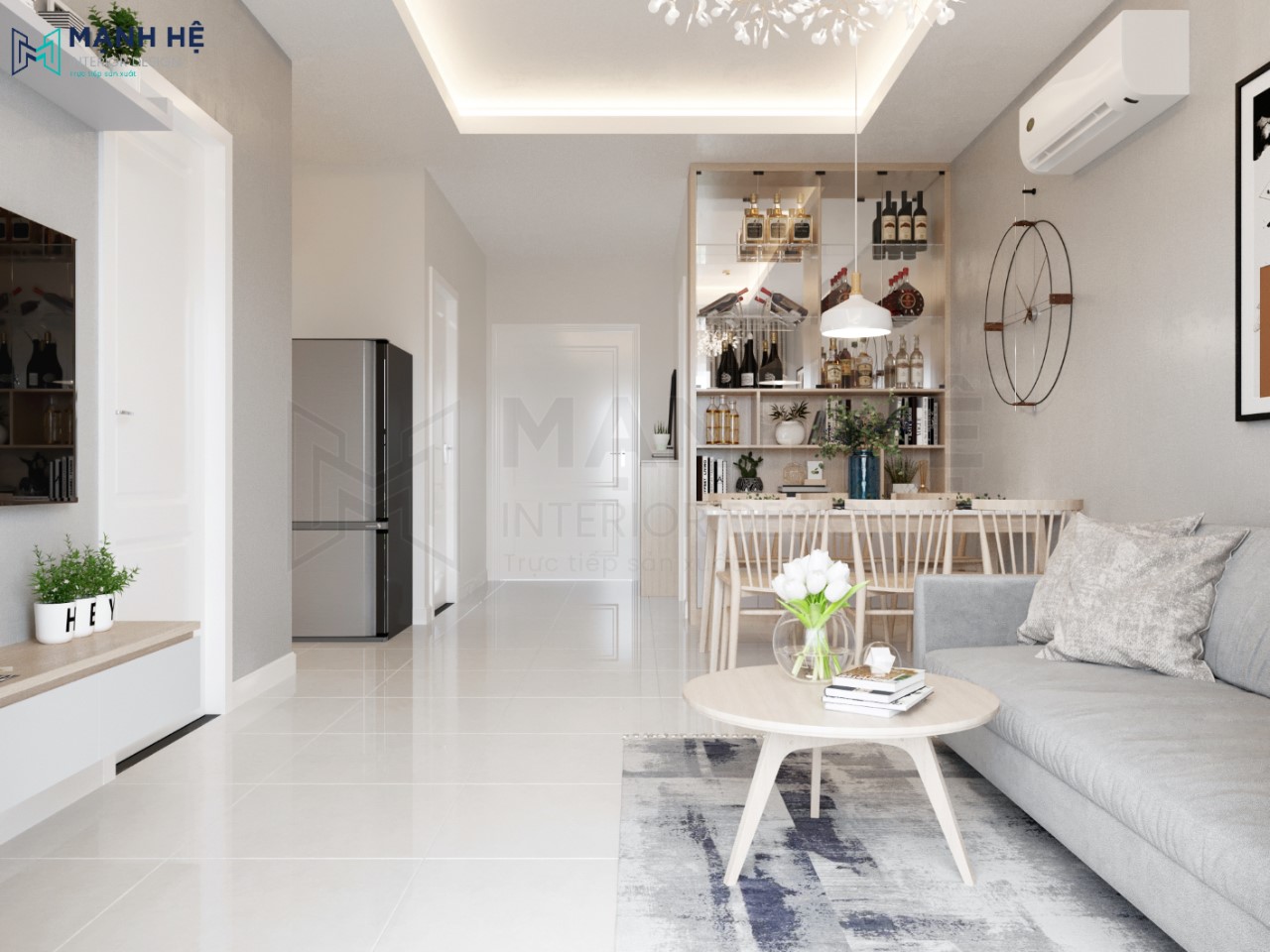 Mẫu 3: Vách ngăn phòng khách kết hợp tủ rượu cánh kính đẹp sang trọng cho chung cư