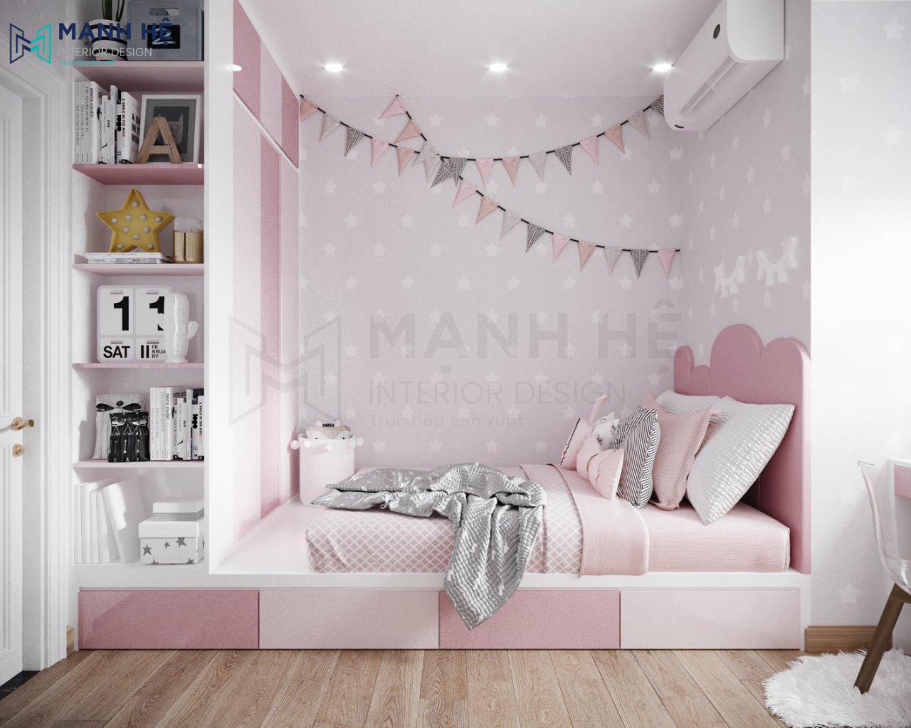 Phòng ngủ màu hồng dễ thương kết hợp cùng giấy dán tường hình ngôi sao độc đáo