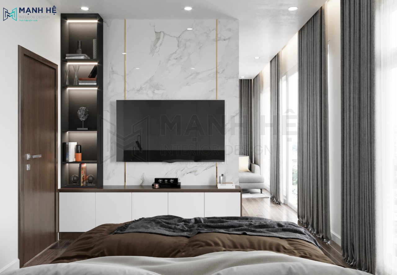 cách bố trí phòng ngủ đẹp với kệ tivi hiện đại
