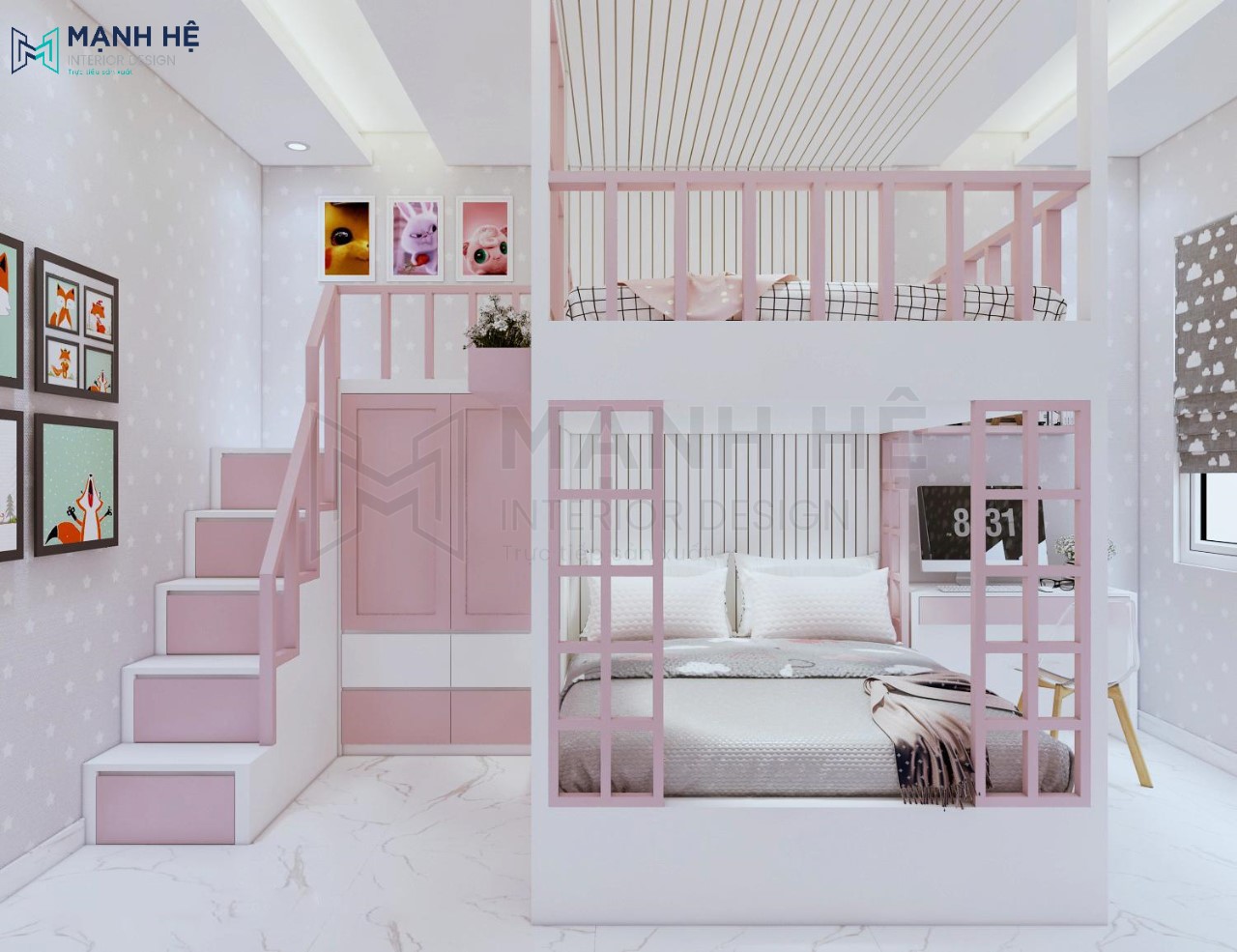 giường tầng màu hồng