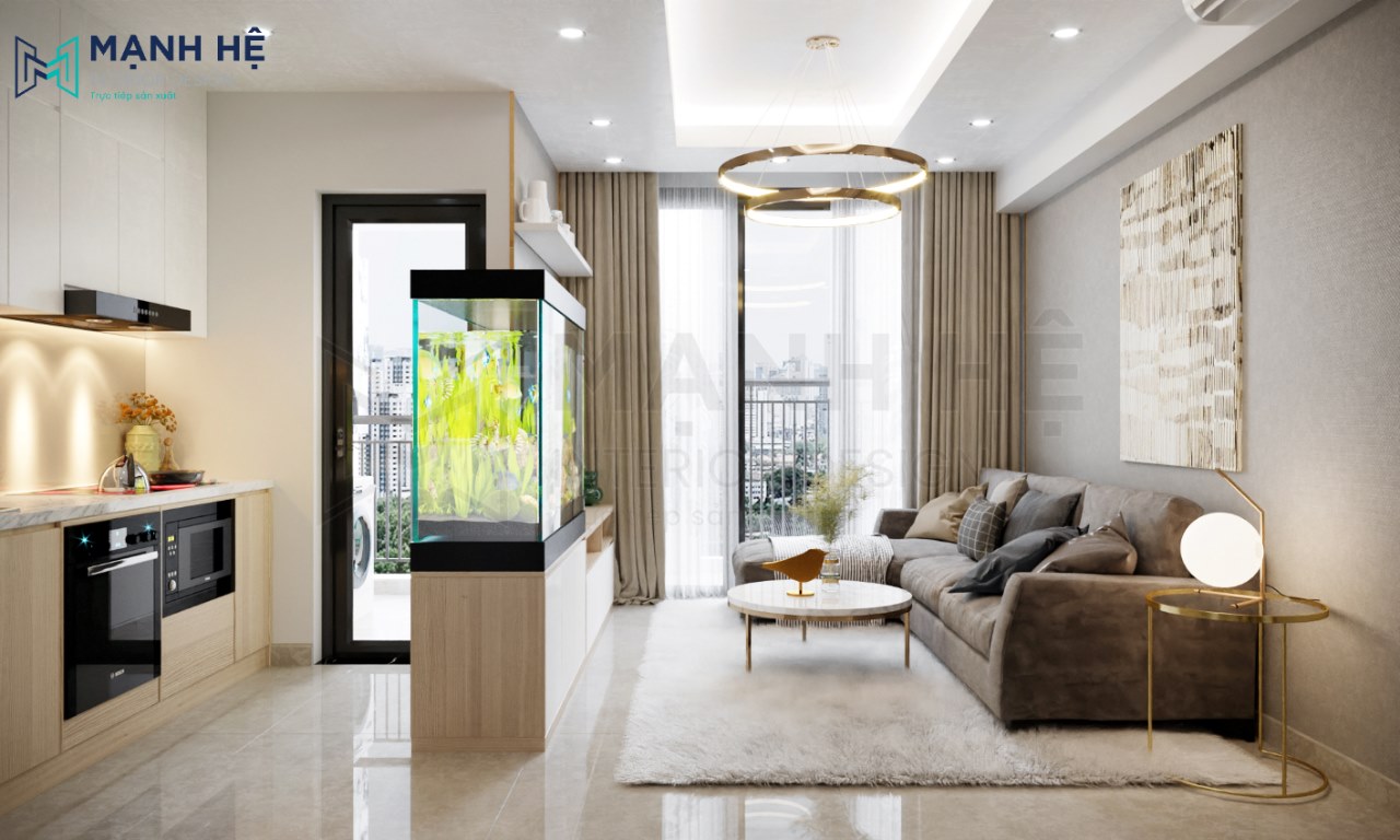 Phòng khách nhỏ 10m2 nối liền phòng bếp tạo không gian mở thoáng đãng