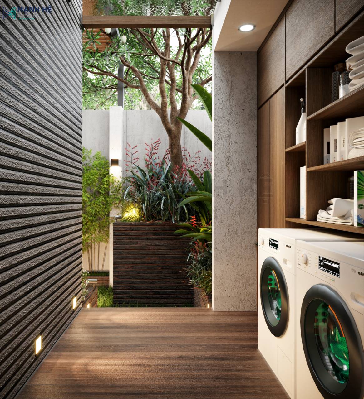 Vách đá ốp tường khu giặt đồ ngoài trời