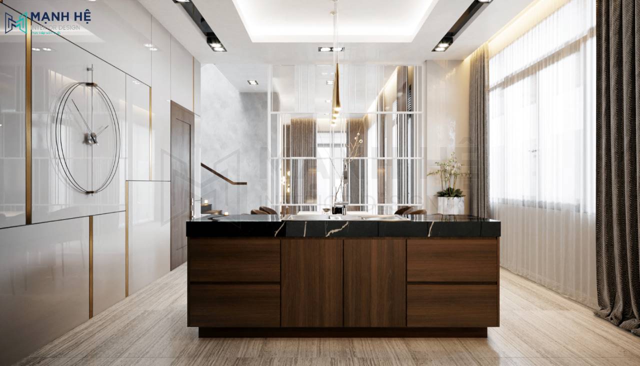 Mẫu đảo bếp sử dụng Ốp đá Marle vân mây màu đen đẹp huyền bí tạo điểm nhấn cho gian bếp biệt thự