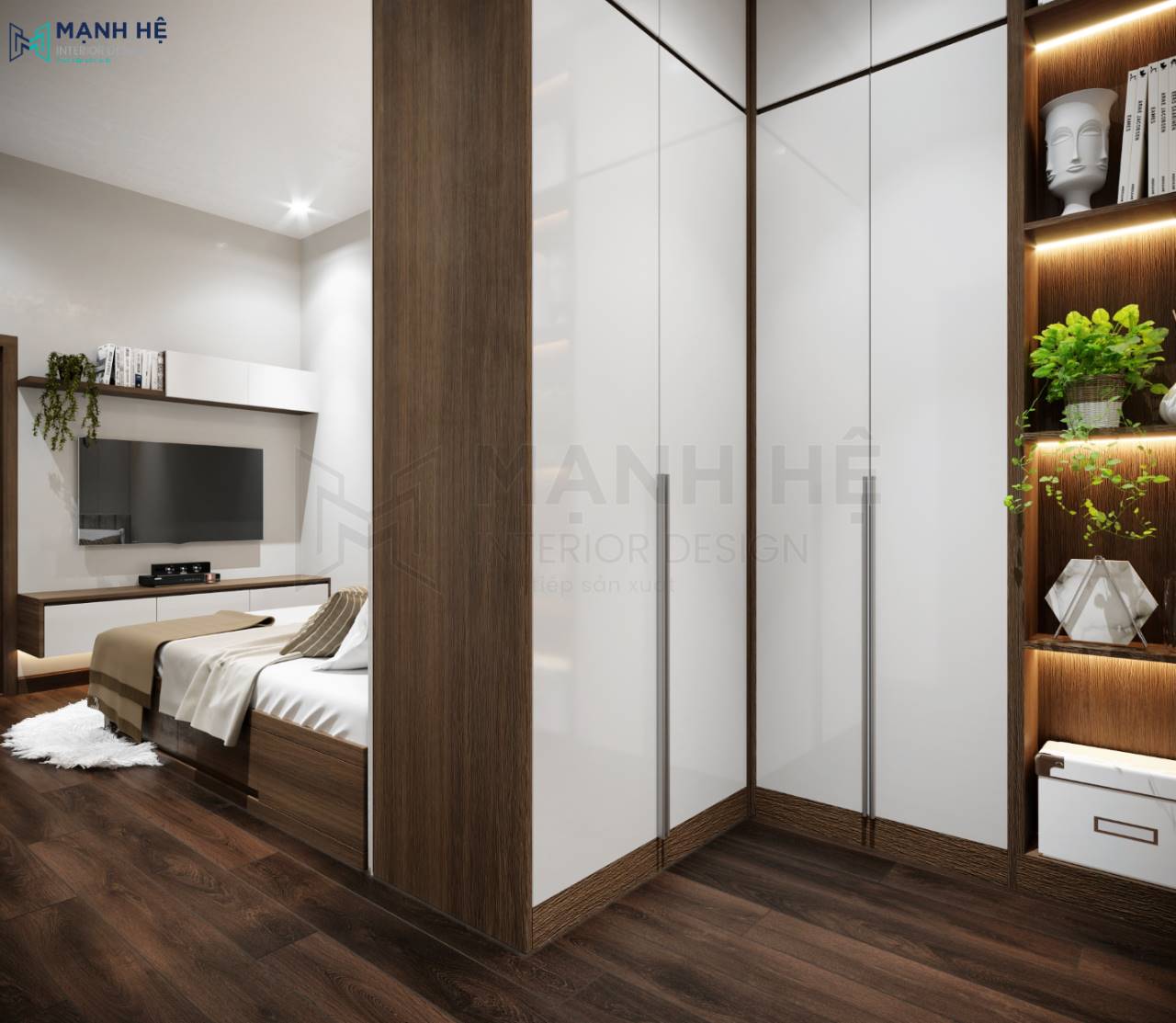 Tủ quần áo đụng trần bo góc chữ L