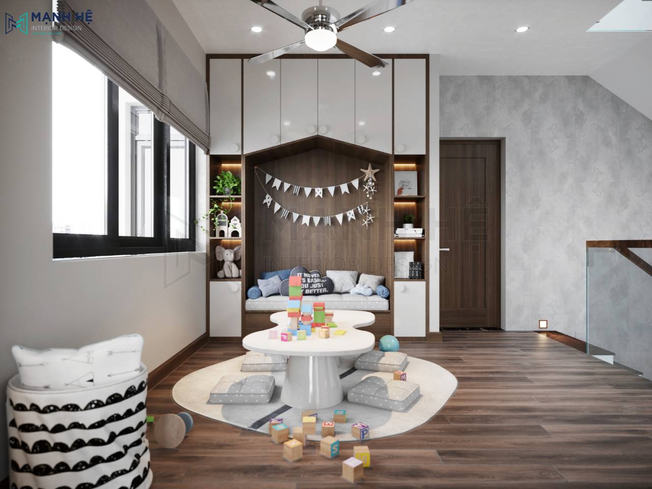 Hệ tủ kệ trang trí sảnh hình ngôi nhà