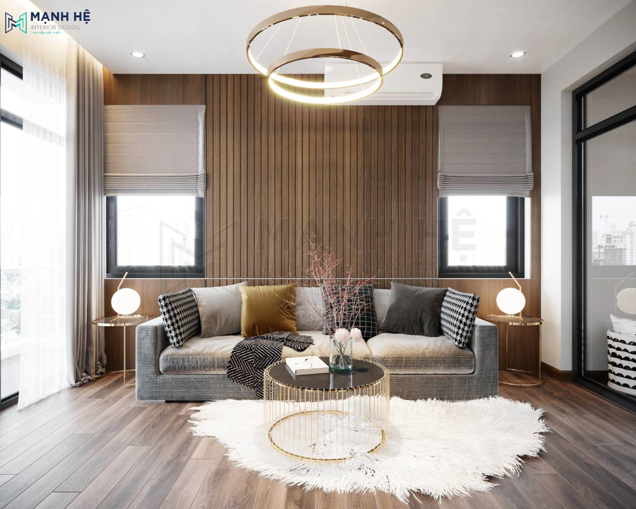 Vách ốp gỗ sau ghế sofa hiện đại