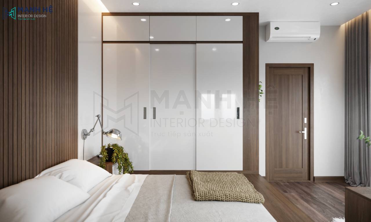 Hệ tủ quần áo đụng trần cửa lùa giúp tiết kiệm diện tích cho phòng ngủ