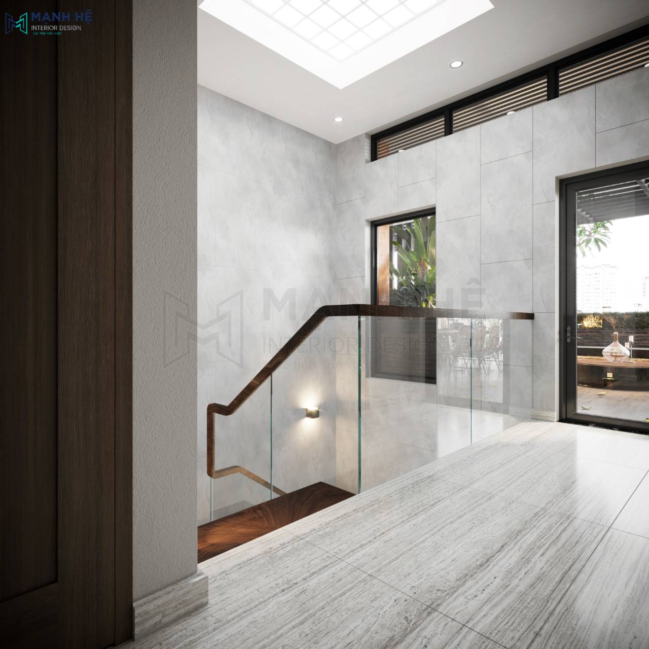 Ốp tường cầu thang bằng gỗ giả đá