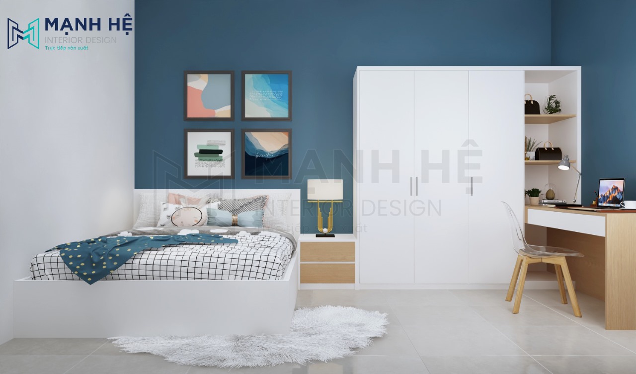 Mẫu tủ quần áo gắn liền bàn học và giá sách