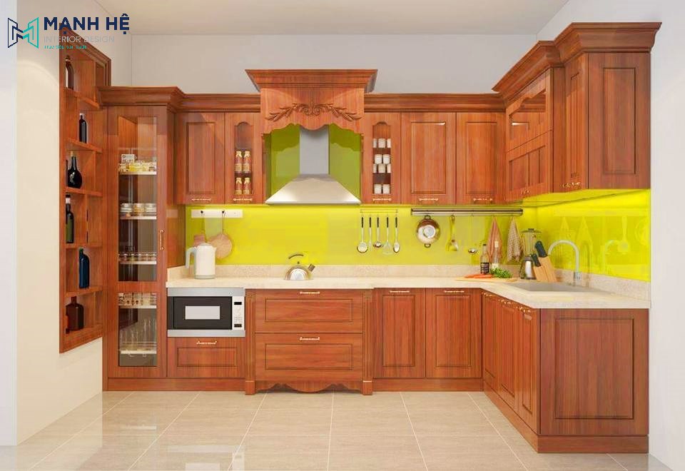 tủ bếp gỗ xoan đào chữ L
