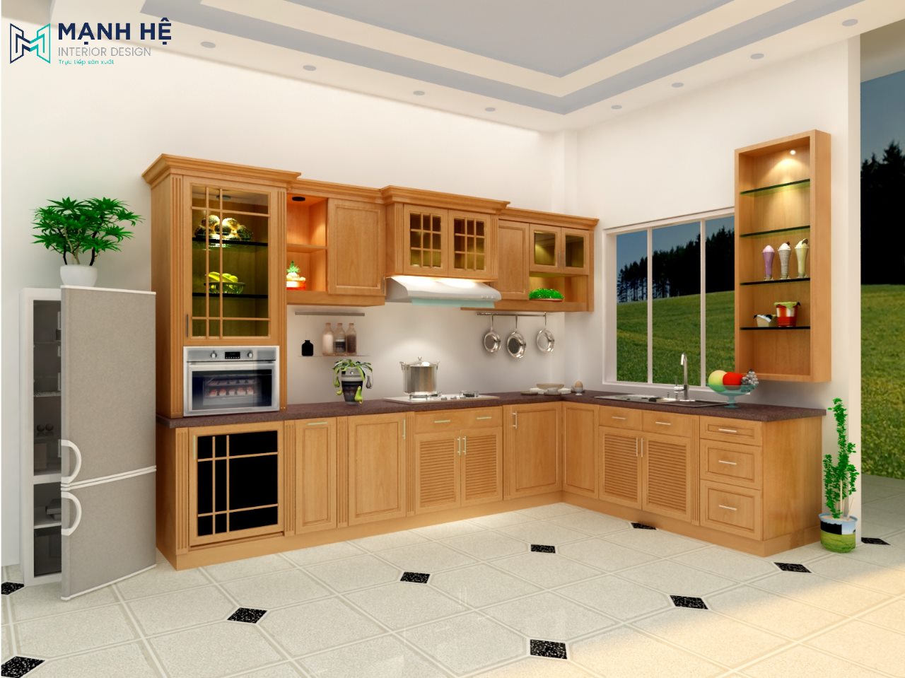 tủ bếp gỗ xoan đào chữ L