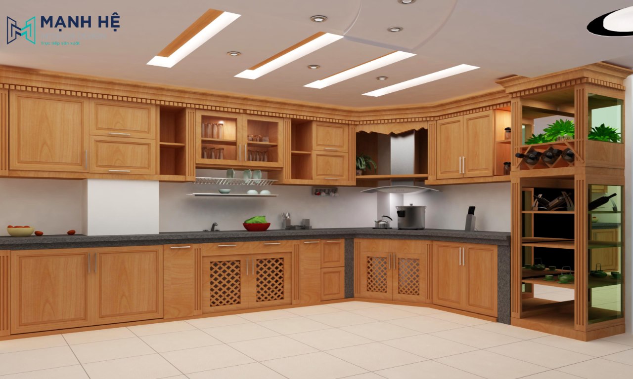 tủ bếp xoan đào chữ L lớn